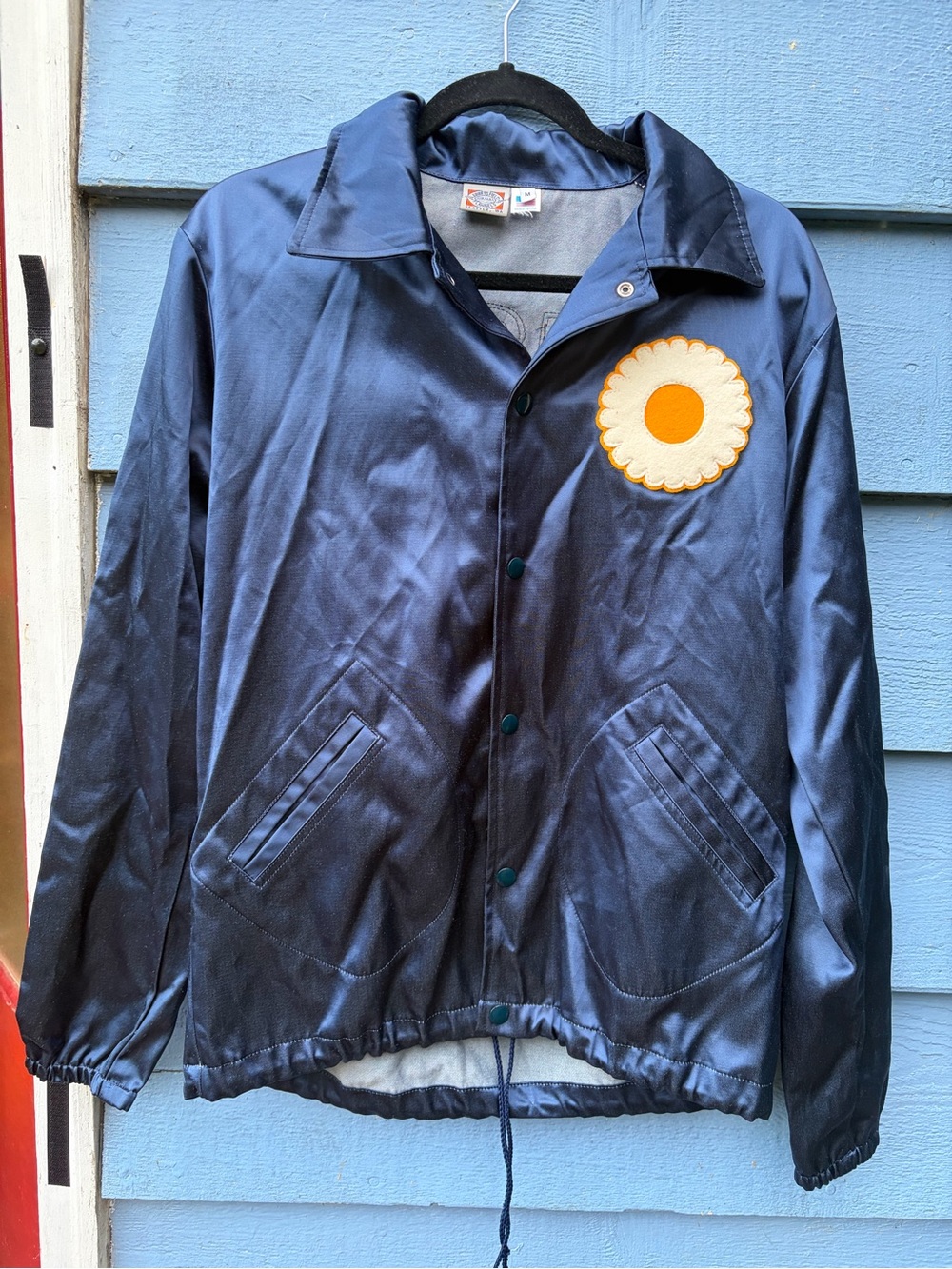 Ebbets Field Flannels Navy Satin Coach Jacket with Daisy Patch